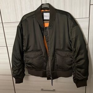 Beyond Yoga Dark Olive Bomber Jacket with Orange Lining